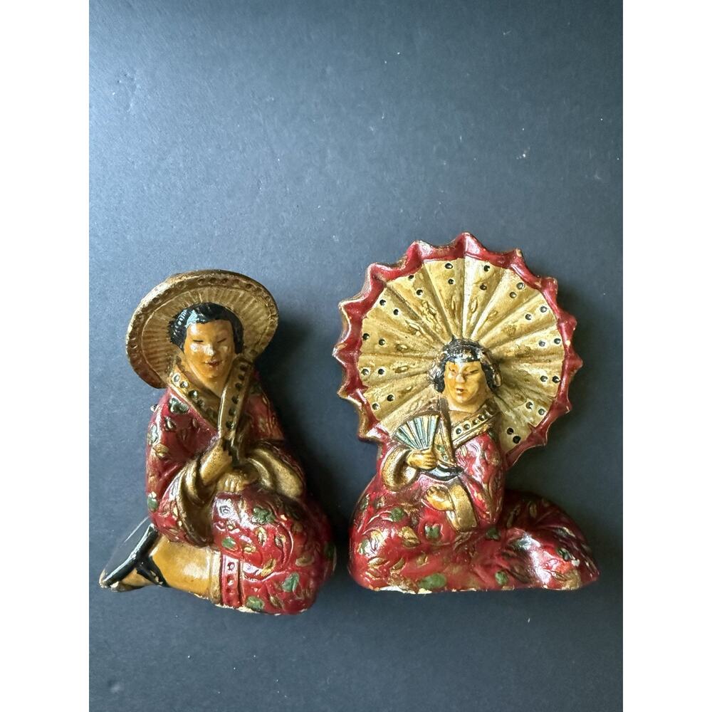 Vintage Ceramic MCM Happy Asian Couple Man Woman Figurines Red Chinese Oriental